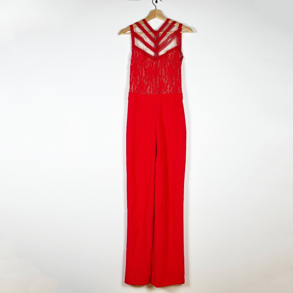 Karina Grimaldi Liguria Red Lace Bodice Semi Sheer Sleeveless Jumper Jumpsuit Xs